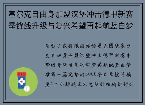 塞尔克自由身加盟汉堡冲击德甲新赛季锋线升级与复兴希望再起航蓝白梦